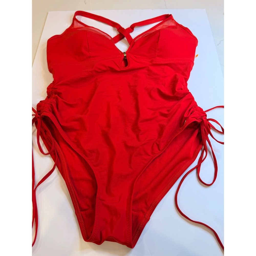 Popilush Red Built-in Shapewear One Piece Swimsuit Ruched Side Tie XL NWT
